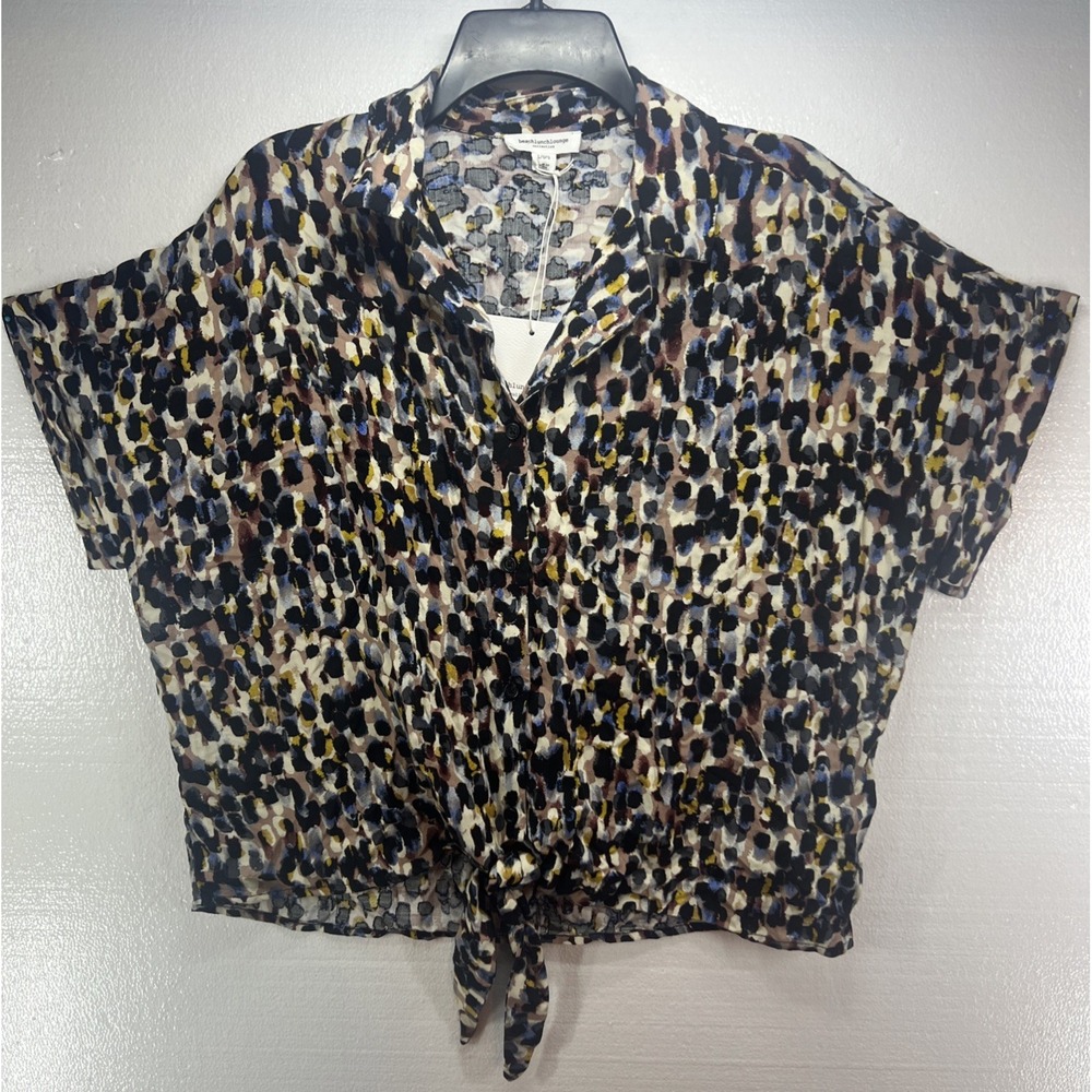 Beach Lunch Lounge Rae Women's Button‎ Tie Front Print Abstract Top Large Rayon